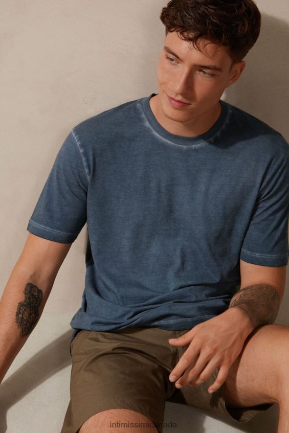 Apparel CA Intimissimi Men Oil Washed Short-Sleeved Cotton Top 857I-Dark Blue DD6R6T212 - Image 2