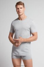 Apparel CA Intimissimi Men Short Sleeve Round Neck T Shirt in Supima Cotton 031-Light Grey Melange DD6R6T318 - Image 2