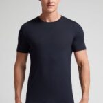Apparel CA Intimissimi Men Short-Sleeve T-Shirt in Stretch Merino Wool 800-Midnight Blue DD6R6T276