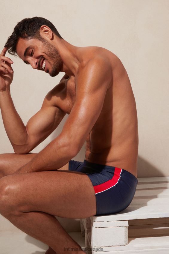 Apparel CA Intimissimi Men Square-Cut Swim Shorts with Side Bands 287J-Deep Blue/Red DD6R6T436 - Image 2