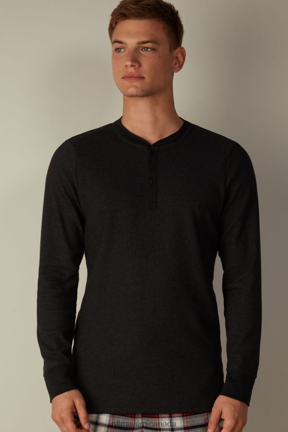 Apparel CA Intimissimi Men Warm Cotton Long-Sleeved Grandad Top 019-Black DD6R6T220 - Image 1