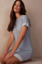 Apparel CA Intimissimi Women Button-Down Nightdress with Lace Details 009J-Light Blue Melange DD6R6T1541 - Image 2