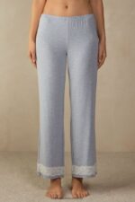Apparel CA Intimissimi Women Full-Length Modal Trousers with Lace Details 009J-Light Blue Melange DD6R6T1606