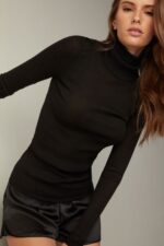 Apparel CA Intimissimi Women Long-sleeve High-Neck Tubular Top in Wool and Silk 019-Black DD6R6T1448 - Image 2