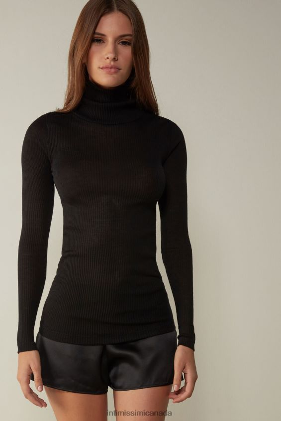 Apparel CA Intimissimi Women Long-sleeve High-Neck Tubular Top in Wool and Silk 019-Black DD6R6T1448 - Image 1
