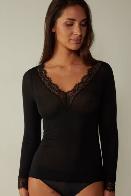 Apparel CA Intimissimi Women Modal Cashmere Ultralight Long Lace Shirt 019-Black DD6R6T1429