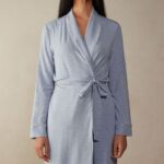 Apparel CA Intimissimi Women Modal Robe with Lace Detail 009J-Light Blue Melange DD6R6T1604