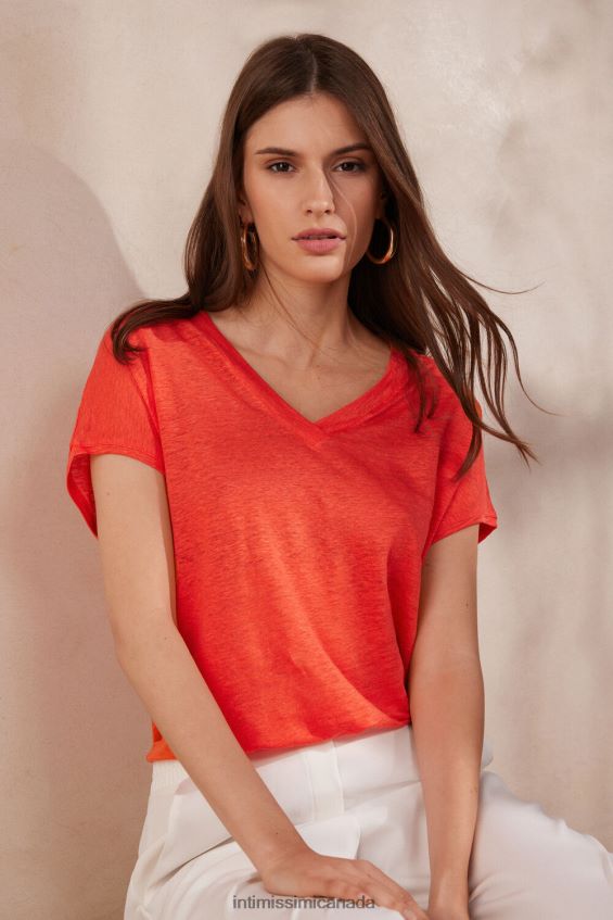 Apparel CA Intimissimi Women Short-sleeved Linen Top with V Neck 219J-Flame Scarlet DD6R6T1306 - Image 2