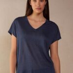 Apparel CA Intimissimi Women Short-sleeved Linen Top with V Neck 243J-Sailor Blue DD6R6T1302