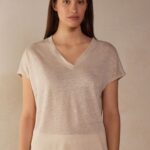 Apparel CA Intimissimi Women Short-sleeved Linen Top with V Neck 913I-Beige Rope DD6R6T1297