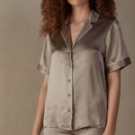 Apparel CA Intimissimi Women Short-Sleeved Satin Shirt with Contrasting Trim 651I-Powder Beige DD6R6T1638