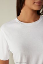 Apparel CA Intimissimi Women Short-Sleeved Supima Cotton Top 001-White DD6R6T1422 - Image 3