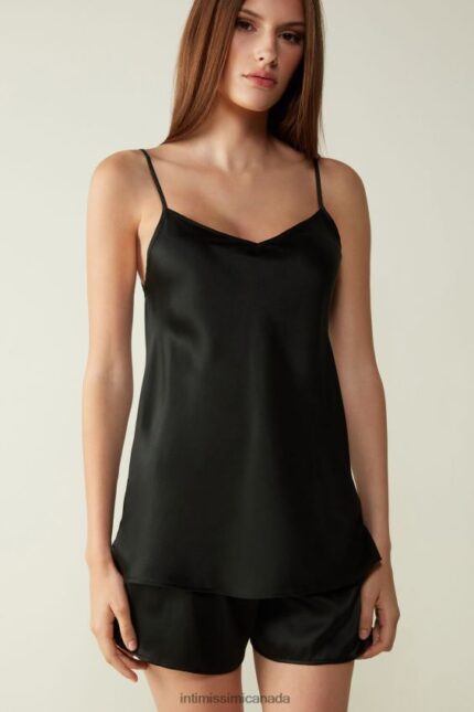 Apparel CA Intimissimi Women Silk Satin Top with V Neck 019-Black DD6R6T1396