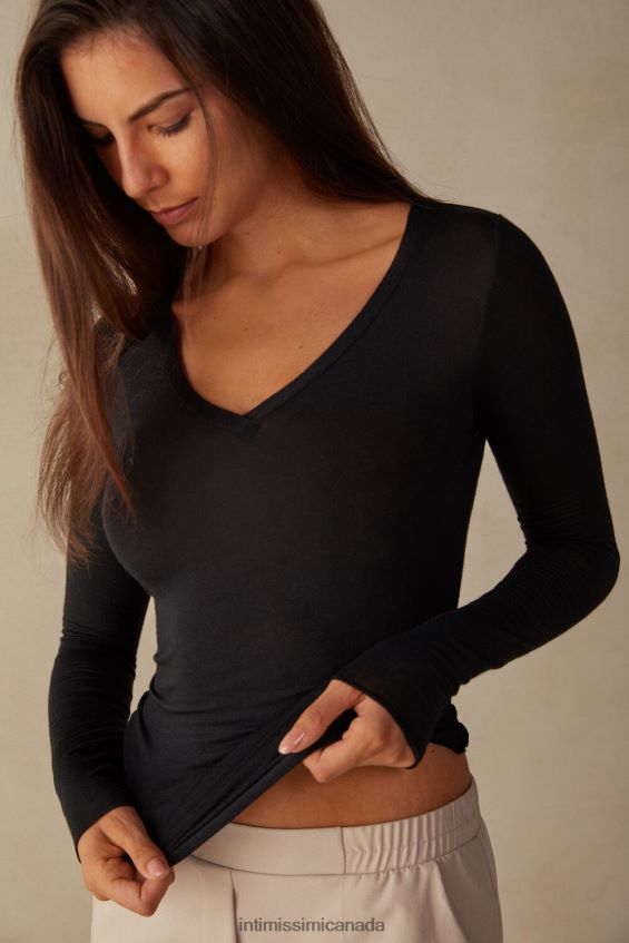 Apparel CA Intimissimi Women Ultralight Modal with Cashmere V-Neck Top 019-Black DD6R6T1356 - Image 2