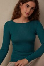 Apparel CA Intimissimi Women Wool and Silk Long-Sleeved Crew-Neck Max Top 4572-Evergreen DD6R6T1341 - Image 2