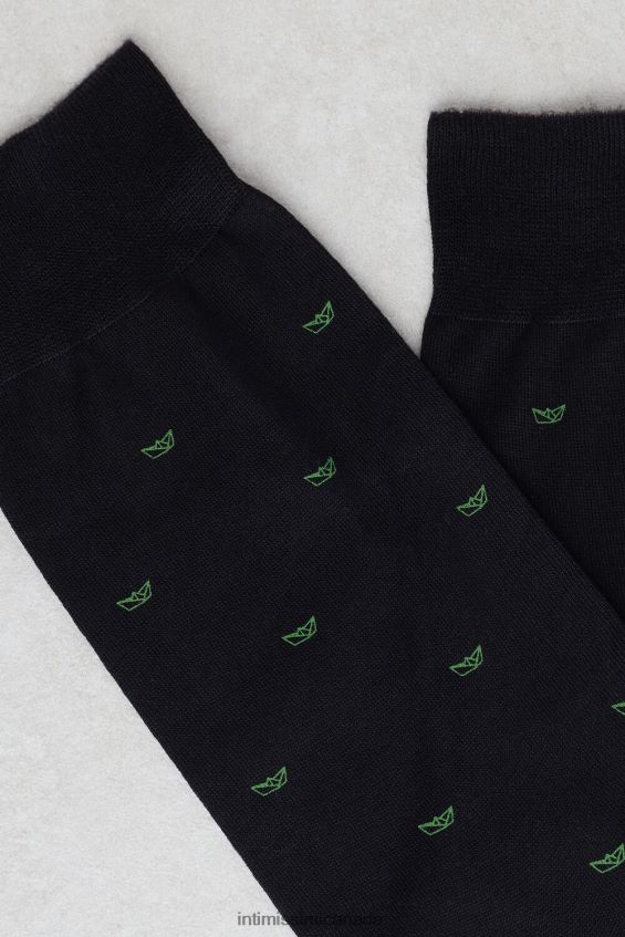 Socks CA Intimissimi Men Short Socks in Patterned Lisle Cotton 195J-Paper Boat-Print Black DD6R6T322 - Image 2